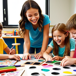 ** Children engaged in a collaborative building project in a brightly colored, open-space classroom filled with art supplies and recycled materials. Focus on joyful expressions and teamwork.

**