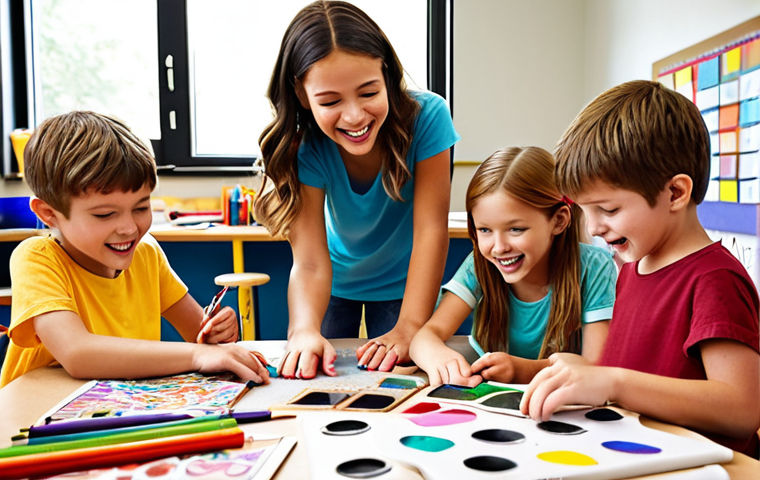 ** Children engaged in a collaborative building project in a brightly colored, open-space classroom filled with art supplies and recycled materials. Focus on joyful expressions and teamwork.

**