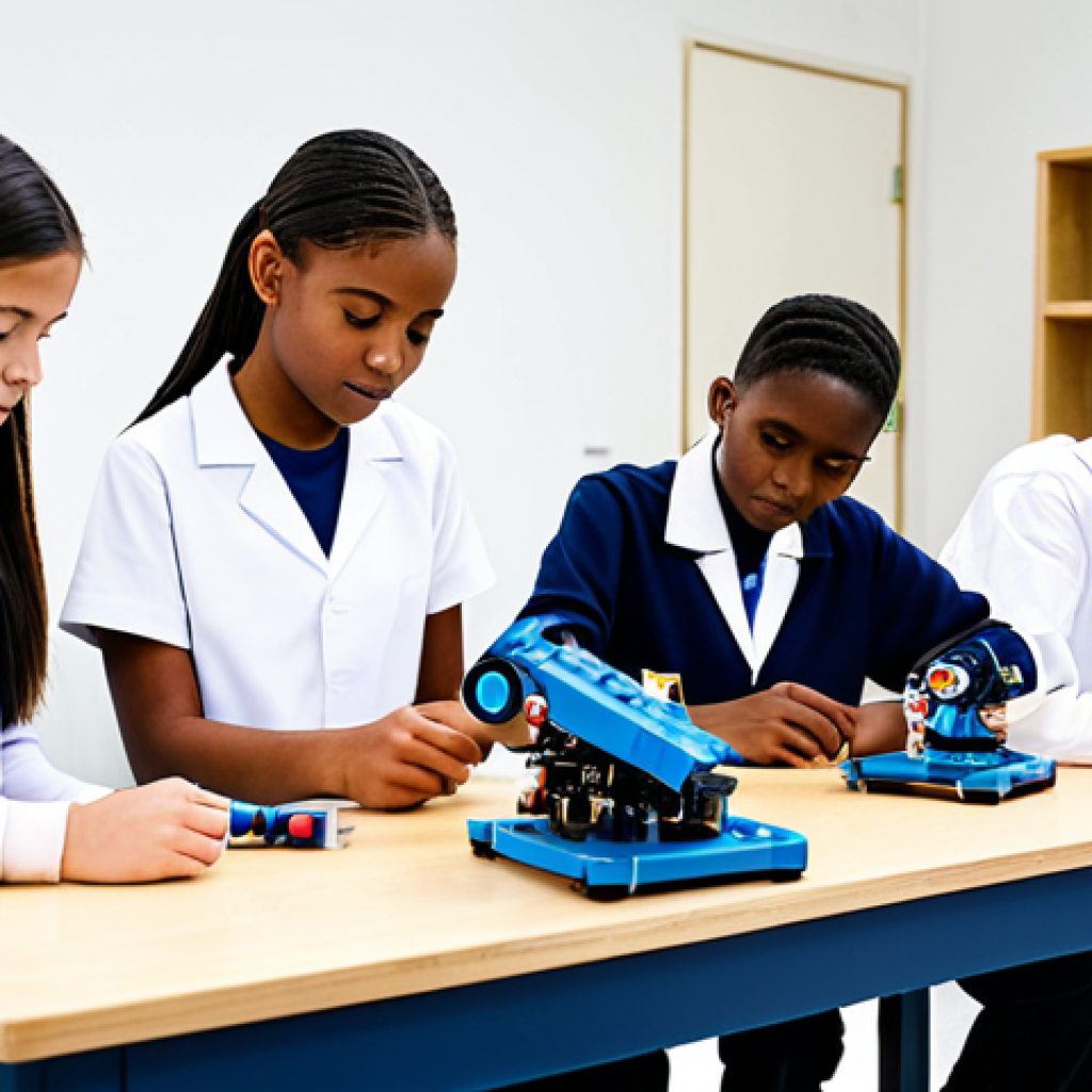 A diverse group of middle school students, fully clothed in modest school uniforms, collaboratively working on a science, technology, engineering, and mathematics (STEM) project in a bright, modern school laboratory. They are focused on assembling a complex robotic model on a workbench, with various tools and components spread around. Their expressions are curious and engaged, demonstrating teamwork and critical thinking. The scene emphasizes practical learning and innovation. perfect anatomy, correct proportions, natural pose, well-formed hands, proper finger count, natural body proportions, professional photography, high quality, safe for work, appropriate content, fully clothed, professional.