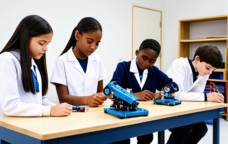A diverse group of middle school students, fully clothed in modest school uniforms, collaboratively working on a science, technology, engineering, and mathematics (STEM) project in a bright, modern school laboratory. They are focused on assembling a complex robotic model on a workbench, with various tools and components spread around. Their expressions are curious and engaged, demonstrating teamwork and critical thinking. The scene emphasizes practical learning and innovation. perfect anatomy, correct proportions, natural pose, well-formed hands, proper finger count, natural body proportions, professional photography, high quality, safe for work, appropriate content, fully clothed, professional.