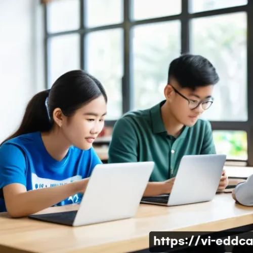 Home 23 실습 중심 학습의 필요성과 효과 - A modern Vietnamese classroom scene showing diverse students actively engaged in a hands-on coding w...