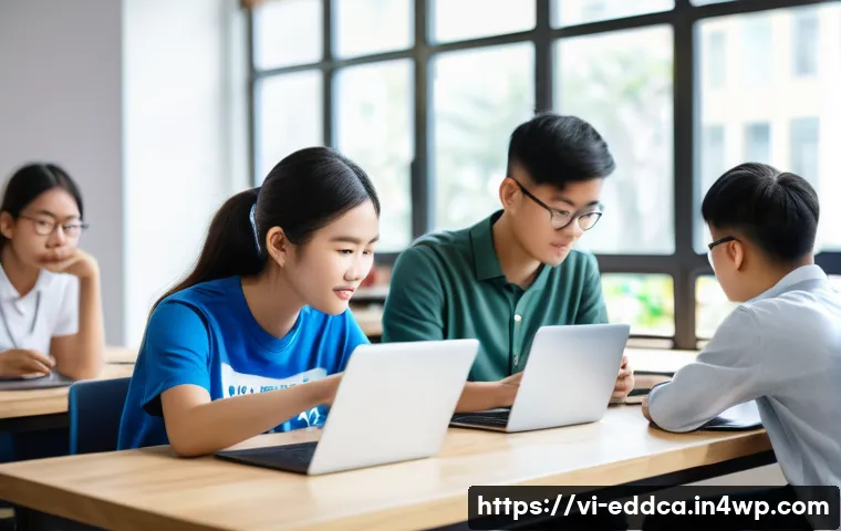 실습 중심 학습의 필요성과 효과 - A modern Vietnamese classroom scene showing diverse students actively engaged in a hands-on coding w...