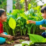 Home 16 체험 기반 교육을 위한 교육 자료 개발 - A lively outdoor classroom scene in a Vietnamese primary school garden, with young children wearing ...