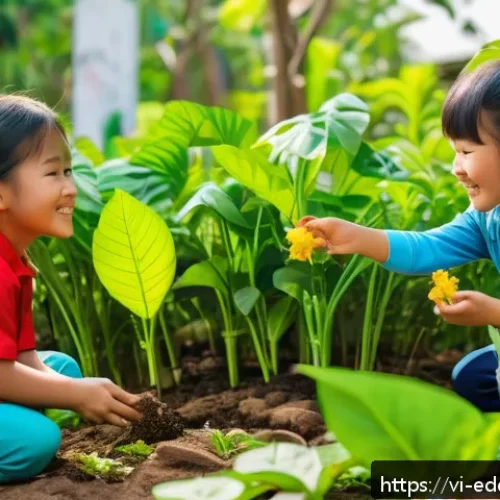 Home 10 체험 기반 교육을 위한 교육 자료 개발 - A lively outdoor classroom scene in a Vietnamese primary school garden, with young children wearing ...