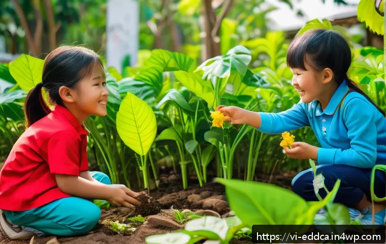 체험 기반 교육을 위한 교육 자료 개발 - A lively outdoor classroom scene in a Vietnamese primary school garden, with young children wearing ...